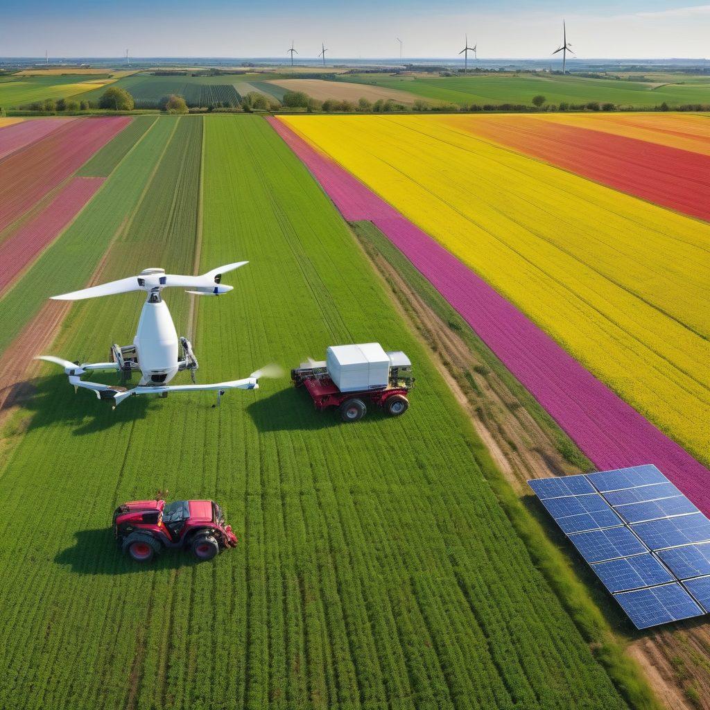 A modern farm seamlessly blending technology and nature: drones flying over lush fields, solar panels powering automated tractors, and a farmer with a tablet analyzing crop data. The landscape is vibrant with green crops, blooming flowers, and a hint of wind turbines in the background. super-realistic. vibrant colors. white background.