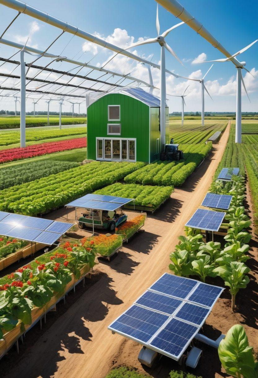 A futuristic farm landscape featuring solar-powered tractors, robotic harvesters, and vertical farming structures under a bright, sustainable sky. Green pastures with happy animals, lush crops, and wind turbines in the background. Children learning about technology with tablets near a hydroponic greenhouse. super-realistic. vibrant colors.
